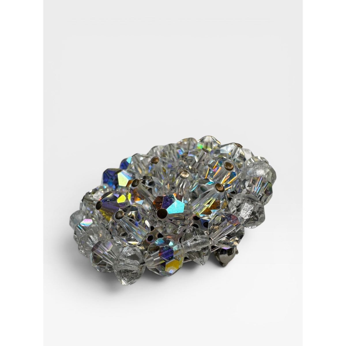 Crystal Bead Cluster Brooch Aurora Borealis Clear Crystal Pin Vintage 1950s
