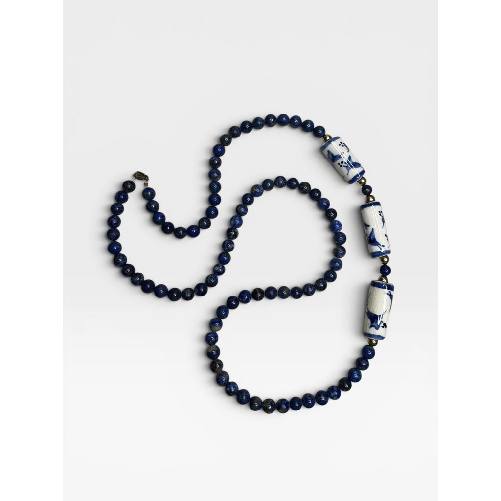 Lapis Porcelain Cylinder 32" 14K Gold Filled Clasp Necklace Vintage