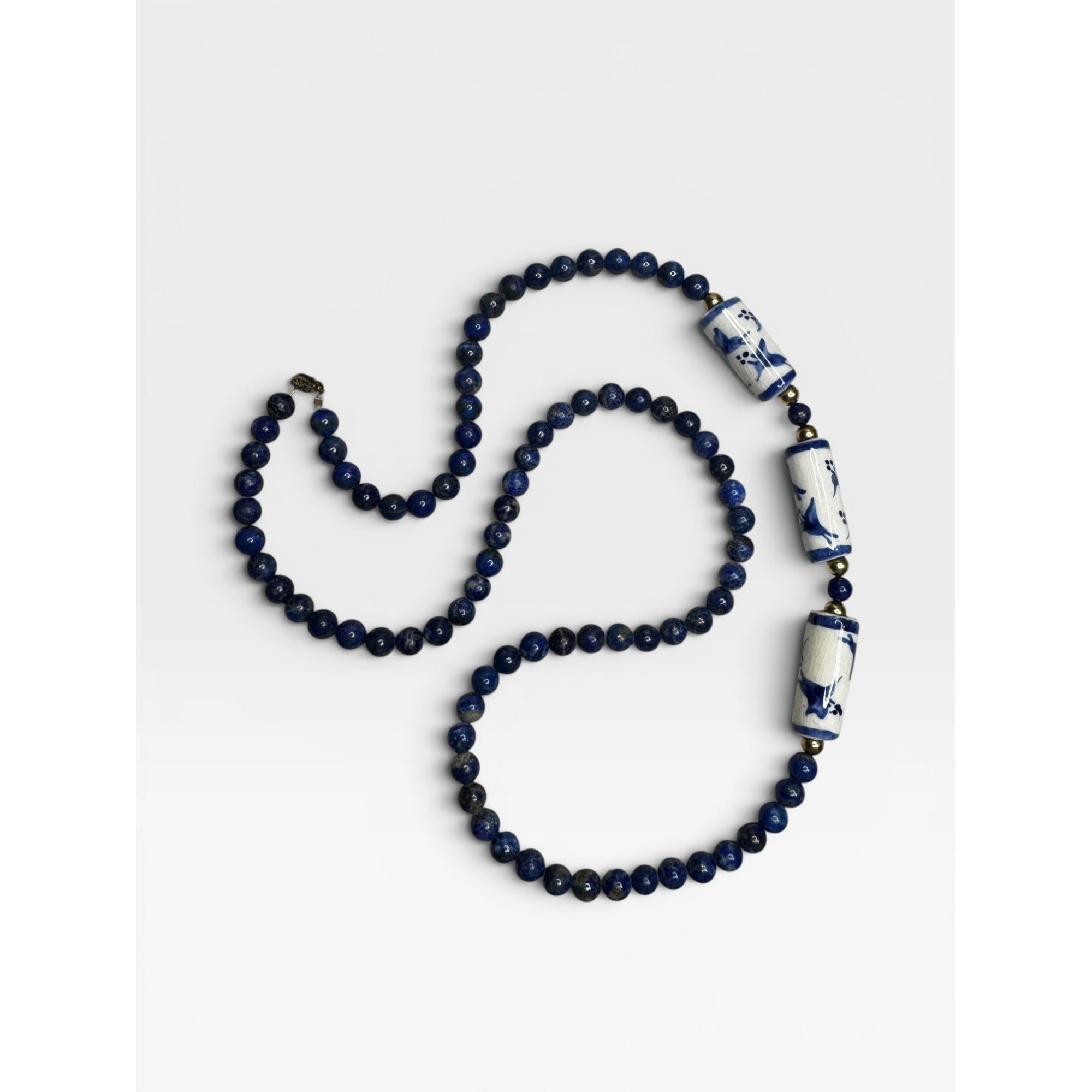 Lapis Porcelain Cylinder 32" 14K Gold Filled Clasp Necklace Vintage
