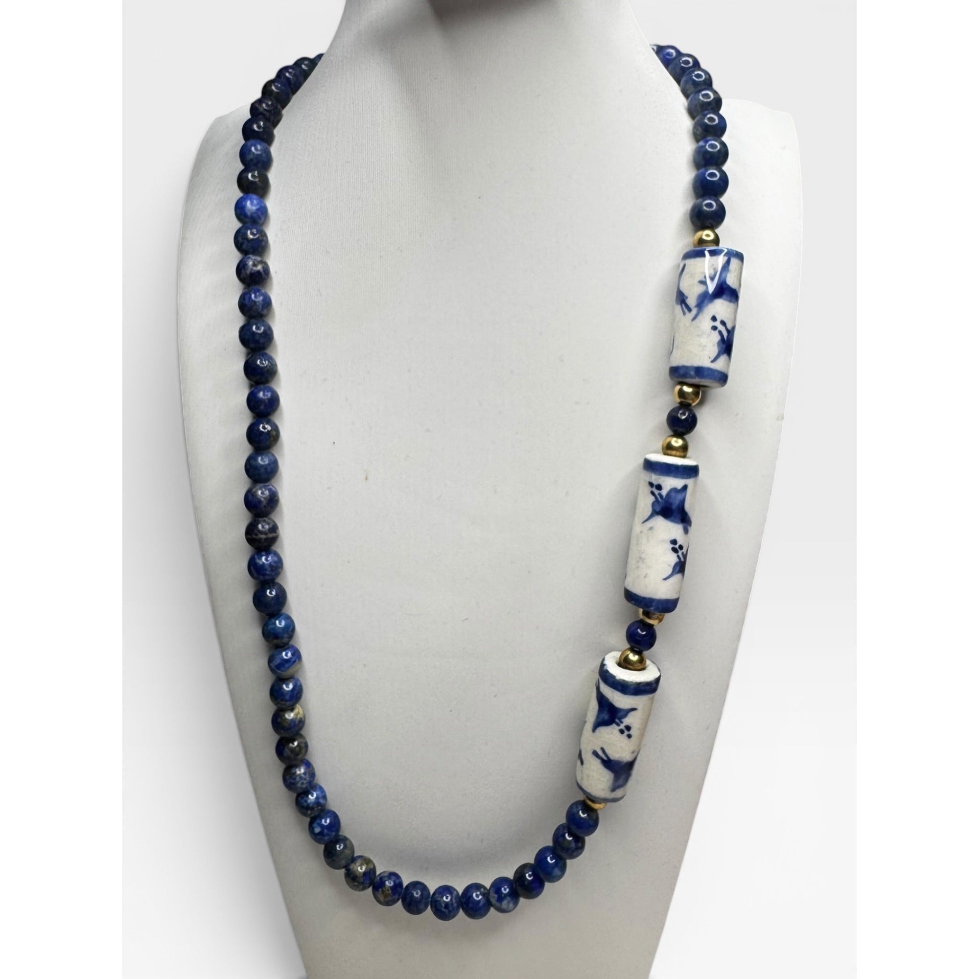Lapis Porcelain Cylinder 32" 14K Gold Filled Clasp Necklace Vintage