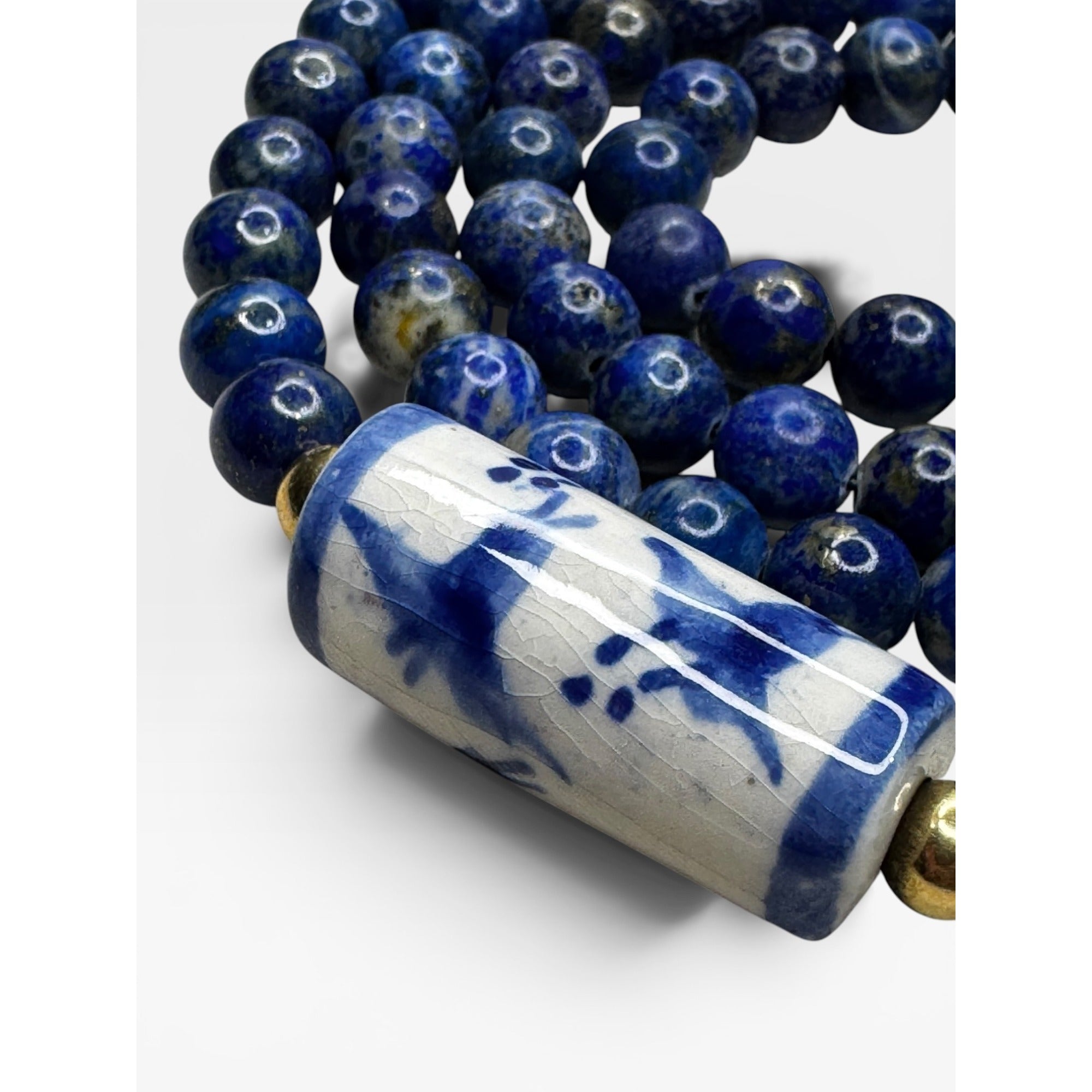 Lapis Porcelain Cylinder 32" 14K Gold Filled Clasp Necklace Vintage