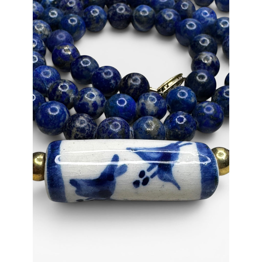 Lapis Porcelain Cylinder 32" 14K Gold Filled Clasp Necklace Vintage