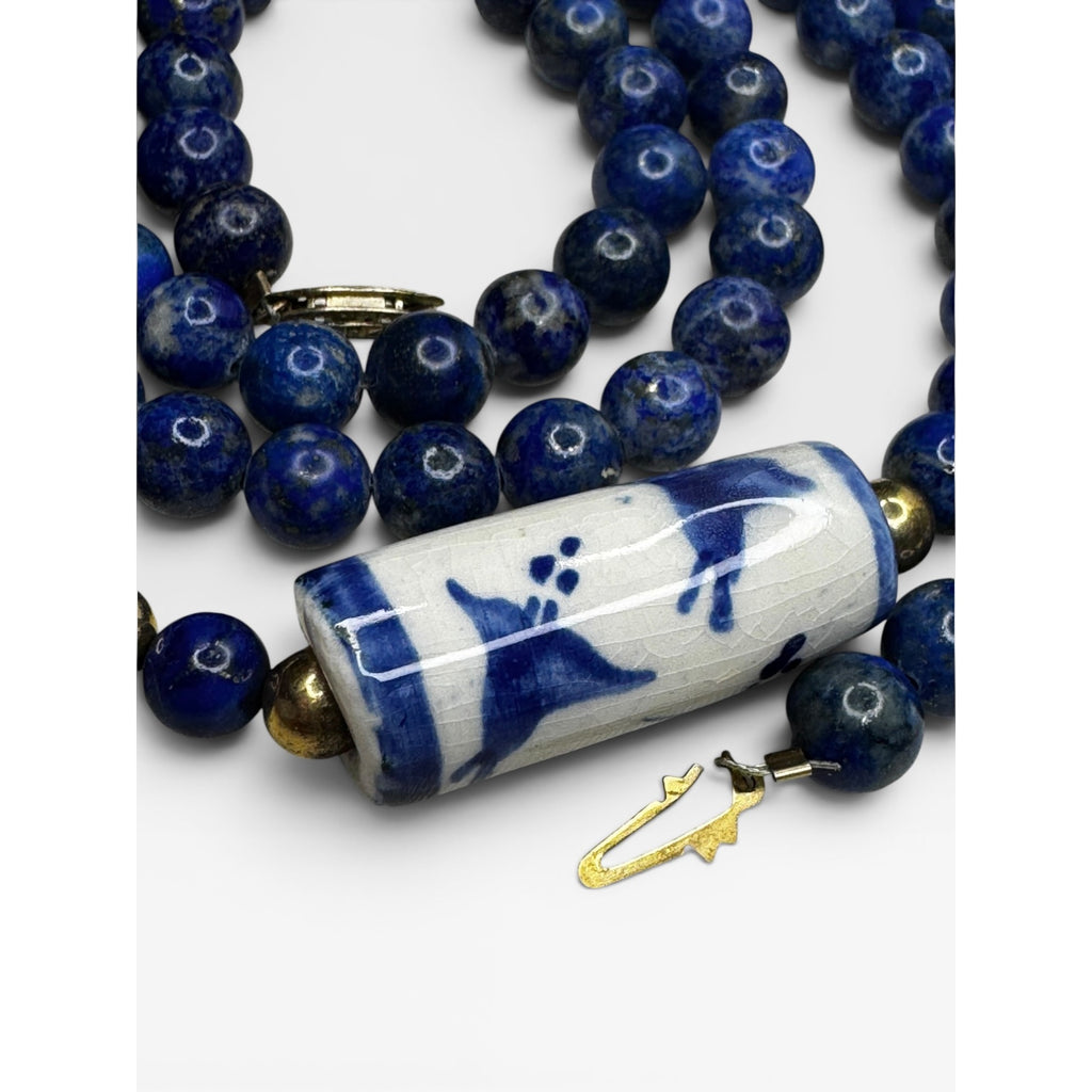 Lapis Porcelain Cylinder 32" 14K Gold Filled Clasp Necklace Vintage