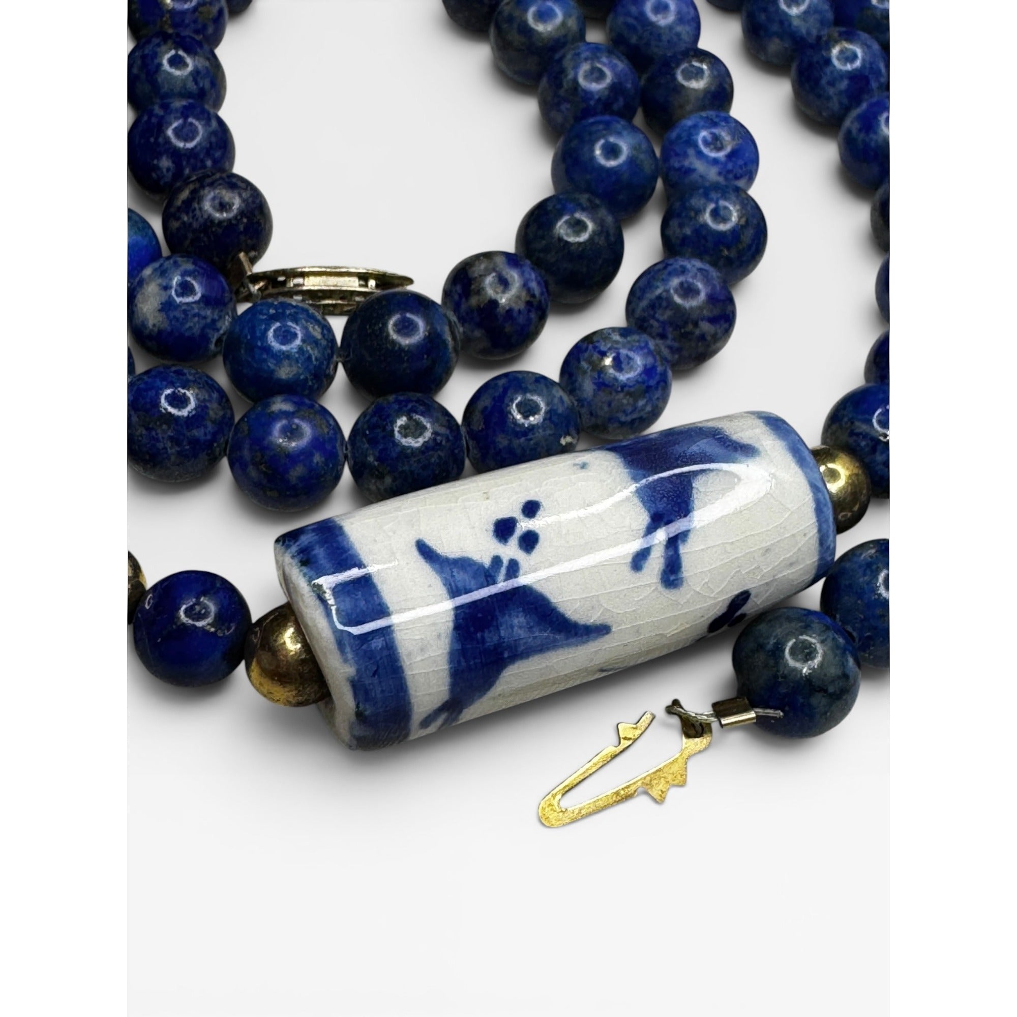 Lapis Porcelain Cylinder 32" 14K Gold Filled Clasp Necklace Vintage