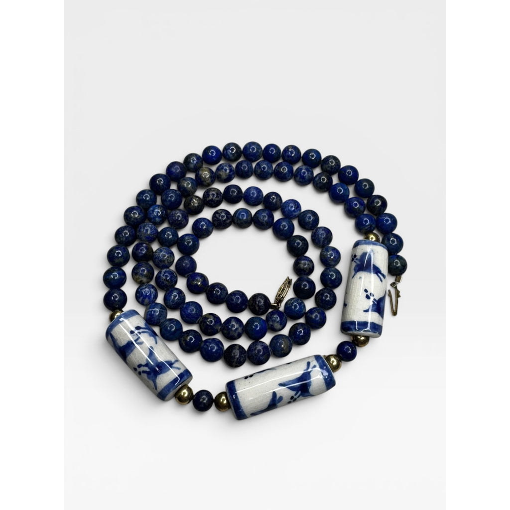Lapis Porcelain Cylinder 32" 14K Gold Filled Clasp Necklace Vintage