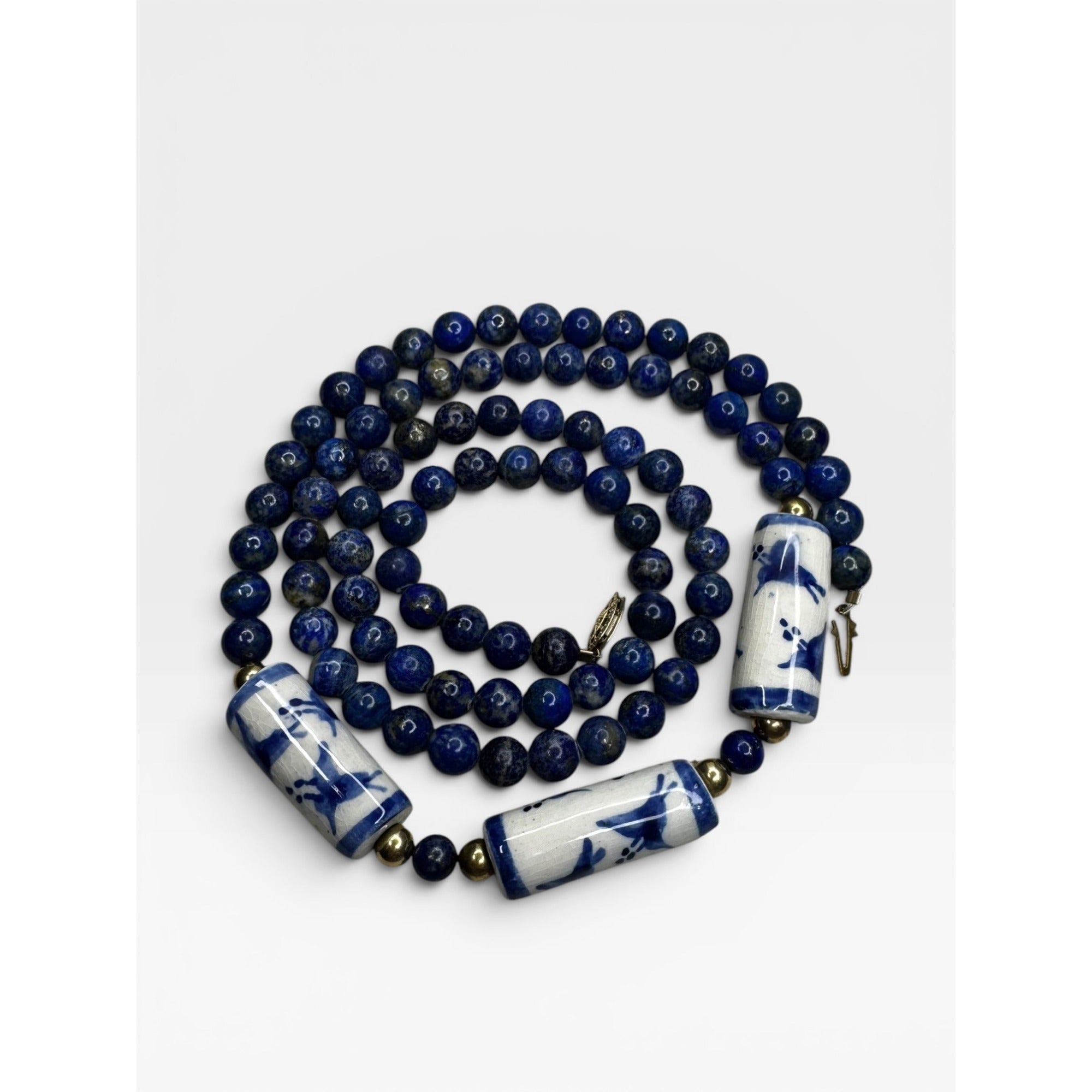 Lapis Porcelain Cylinder 32" 14K Gold Filled Clasp Necklace Vintage