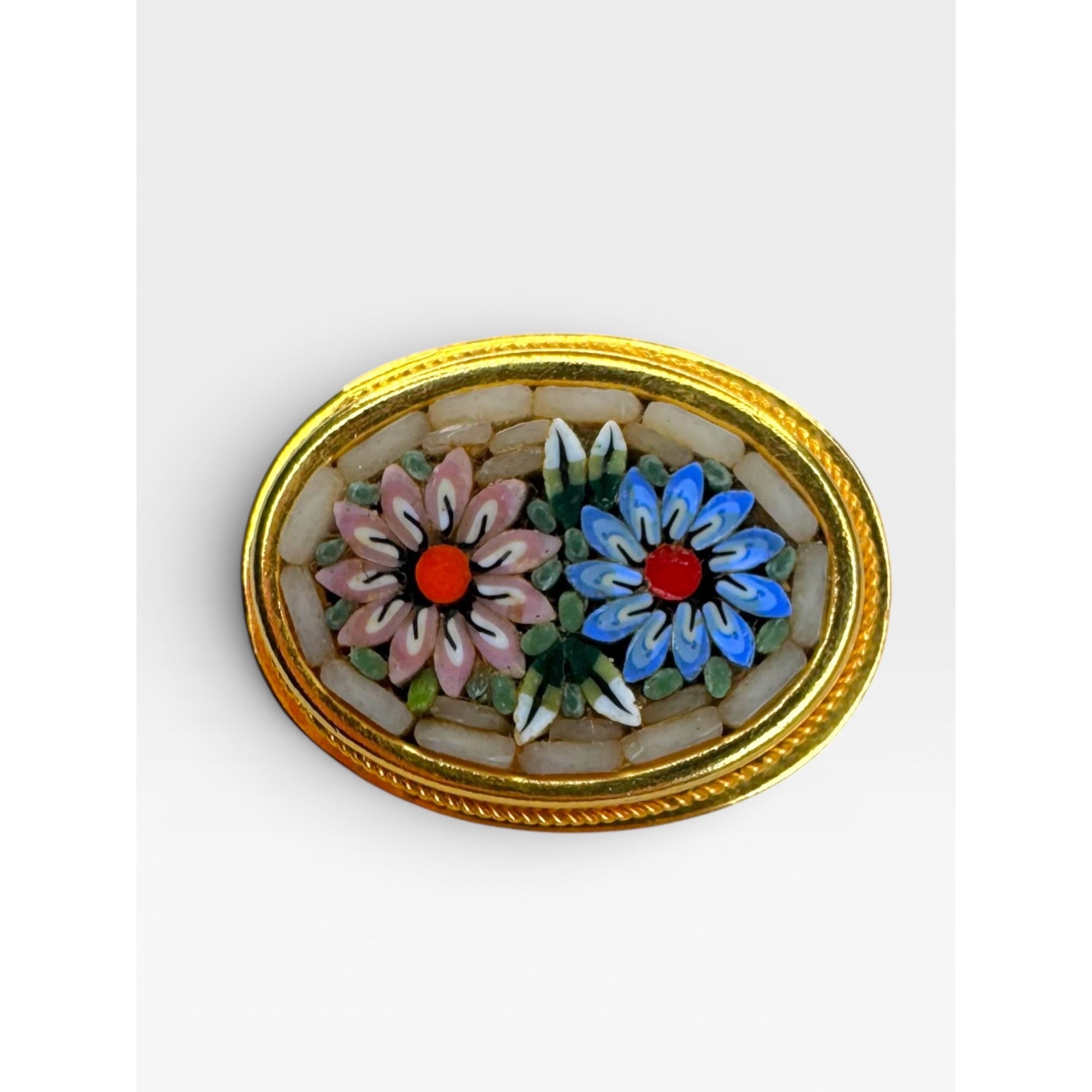 Italian Glass Mosaic Pink Blue Floral Brooch Gold Tone Oval Pin