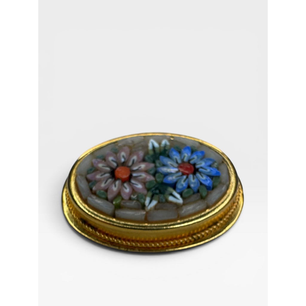 Italian Glass Mosaic Pink Blue Floral Brooch Gold Tone Oval Pin