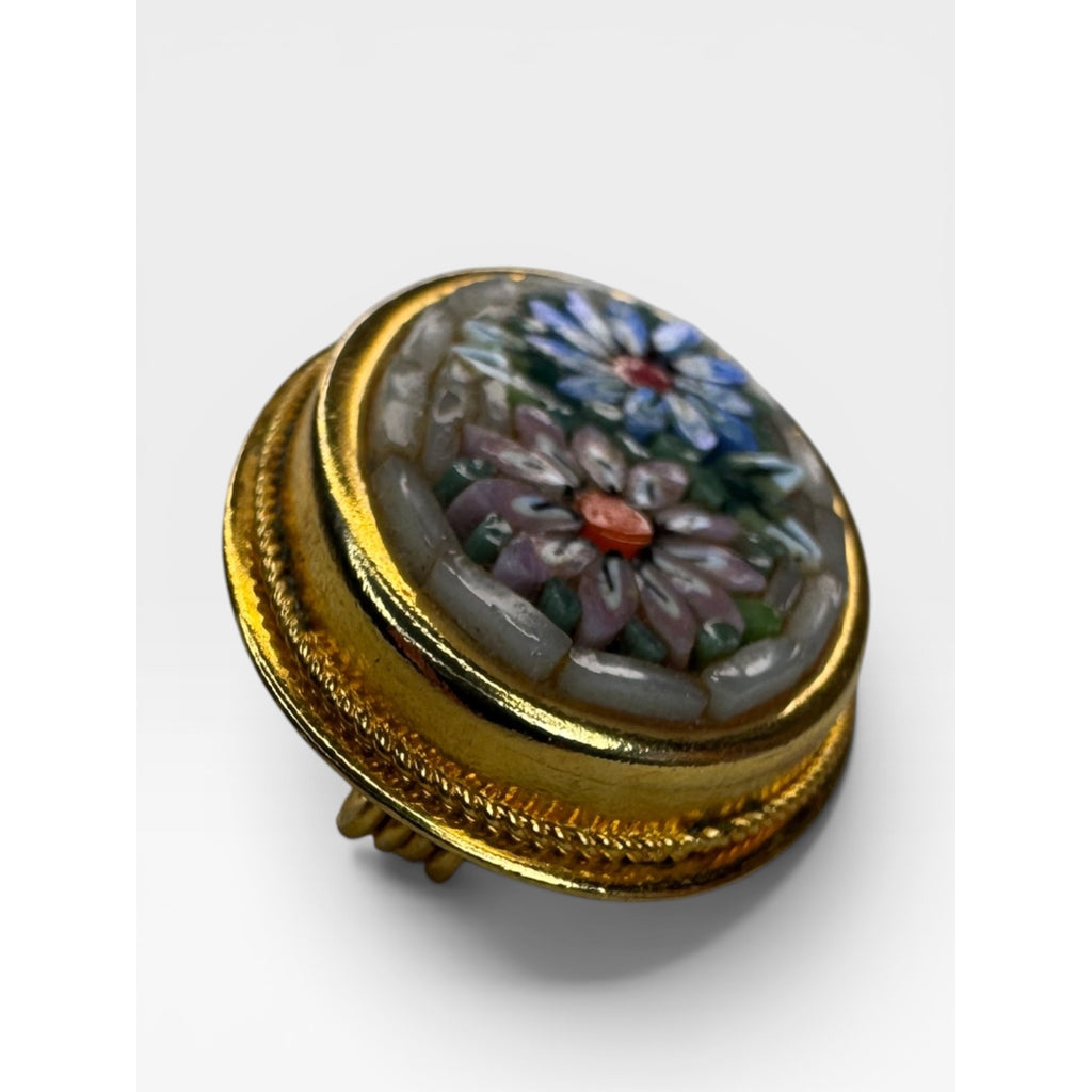 Italian Glass Mosaic Pink Blue Floral Brooch Gold Tone Oval Pin