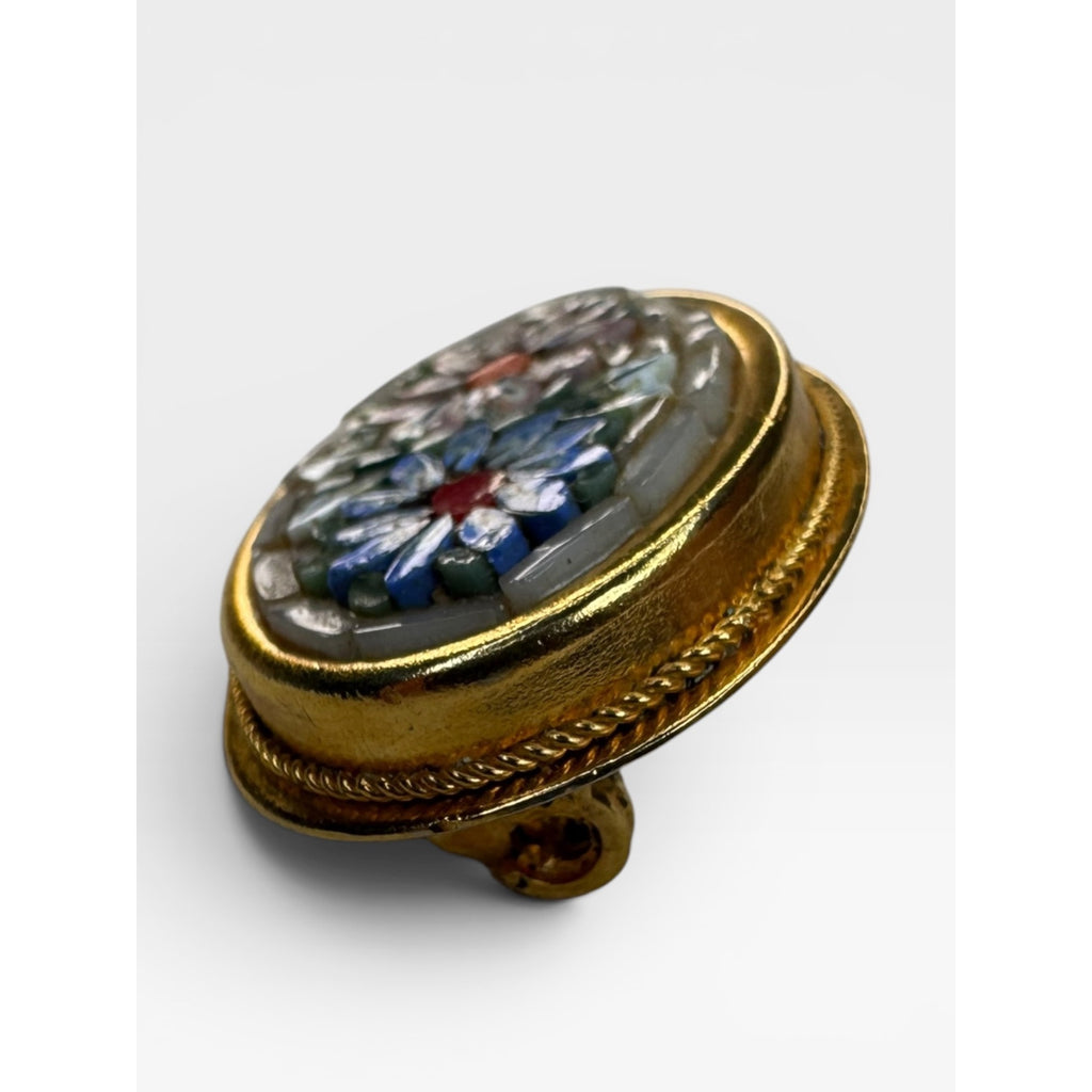 Italian Glass Mosaic Pink Blue Floral Brooch Gold Tone Oval Pin