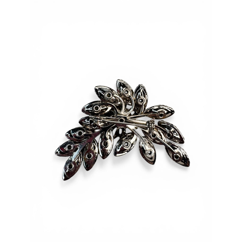 Floral Spray Brooch Gray Glass Navette Prong Set Silver Tone 1950s Vintage