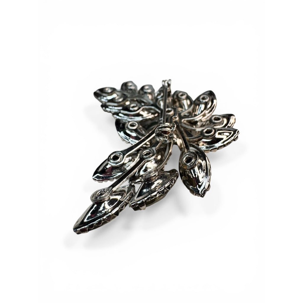 Floral Spray Brooch Gray Glass Navette Prong Set Silver Tone 1950s Vintage