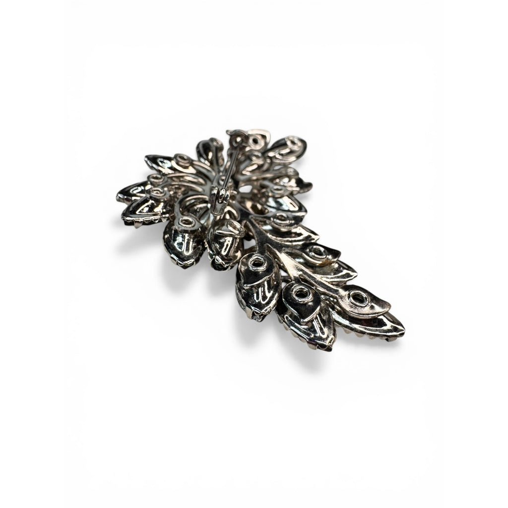 Floral Spray Brooch Gray Glass Navette Prong Set Silver Tone 1950s Vintage