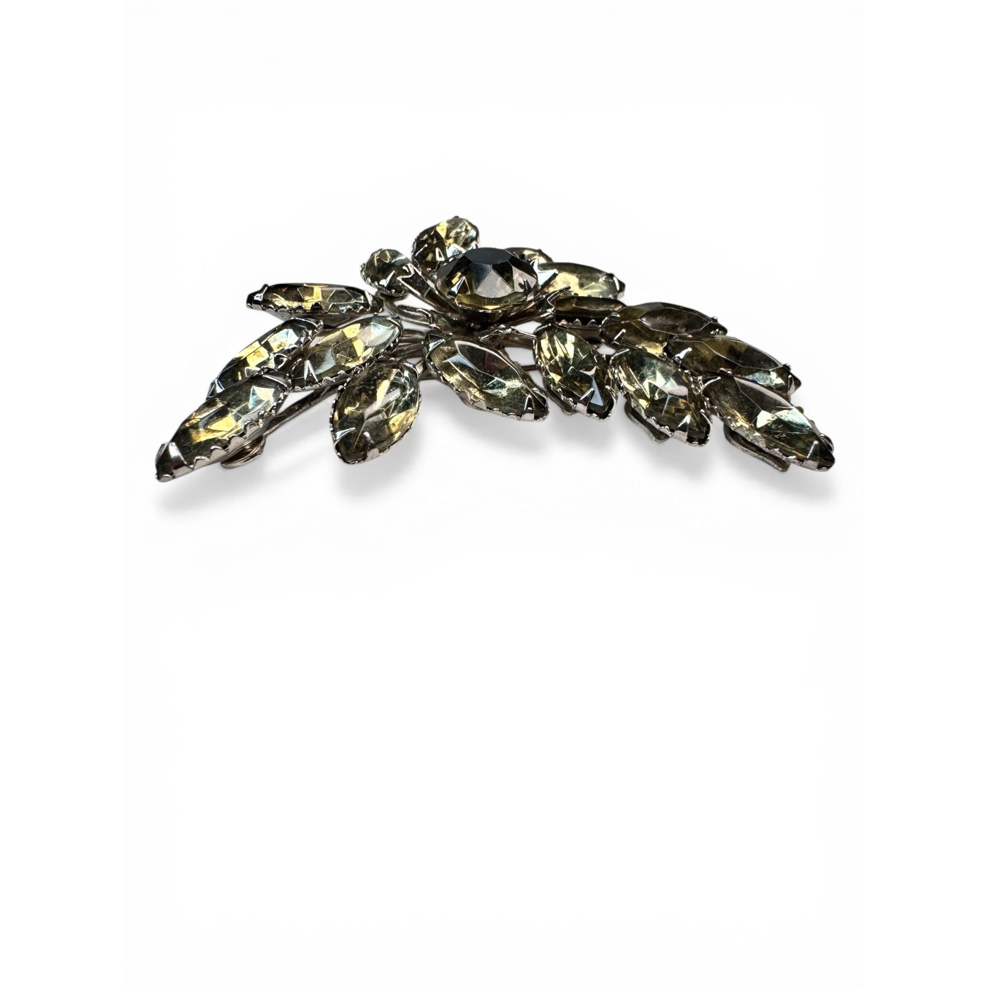 Floral Spray Brooch Gray Glass Navette Prong Set Silver Tone 1950s Vintage