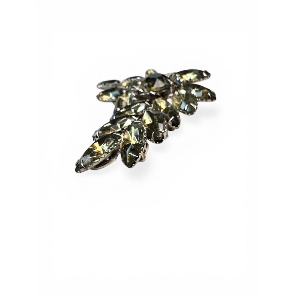 Floral Spray Brooch Gray Glass Navette Prong Set Silver Tone 1950s Vintage