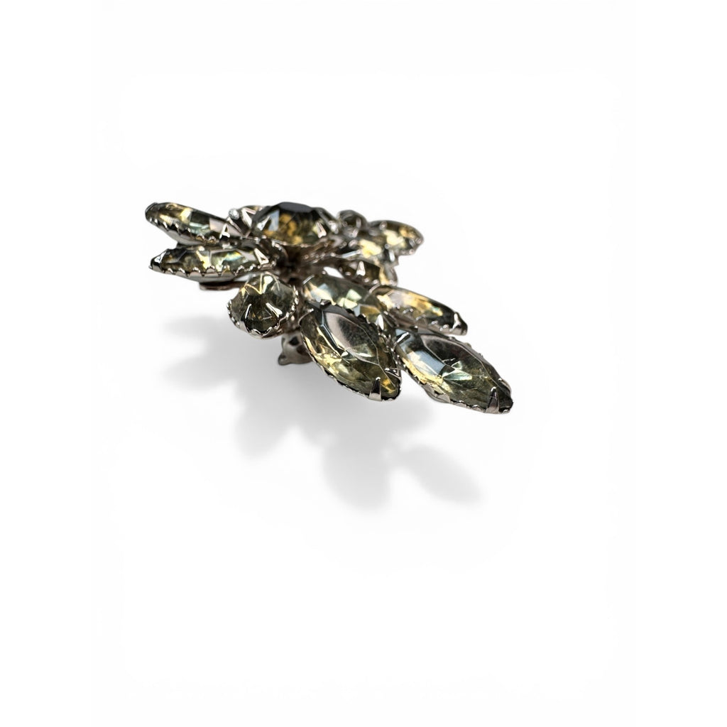 Floral Spray Brooch Gray Glass Navette Prong Set Silver Tone 1950s Vintage