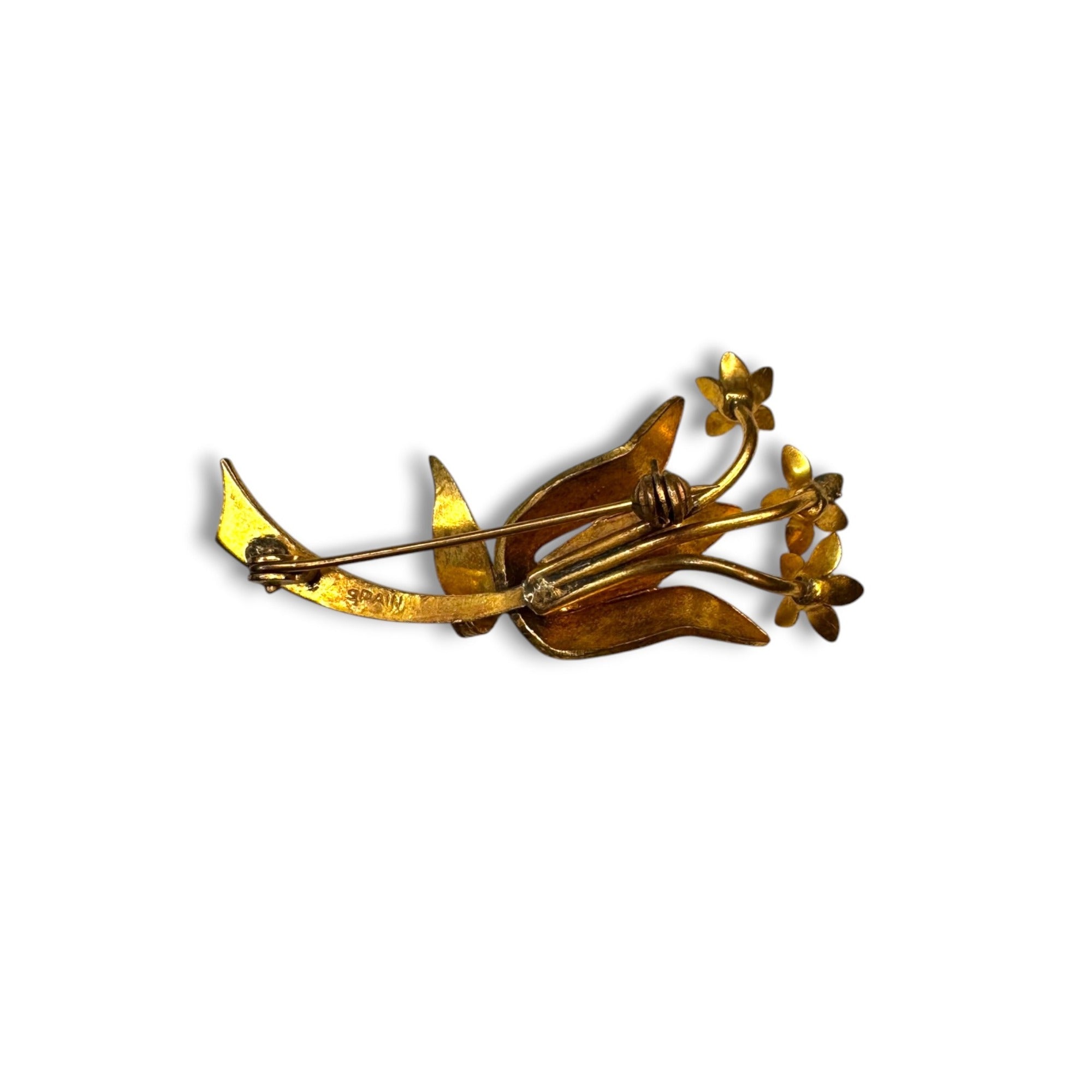 Spain Damascene Flower Pearl Brooch Mid Century 1950s Vintage