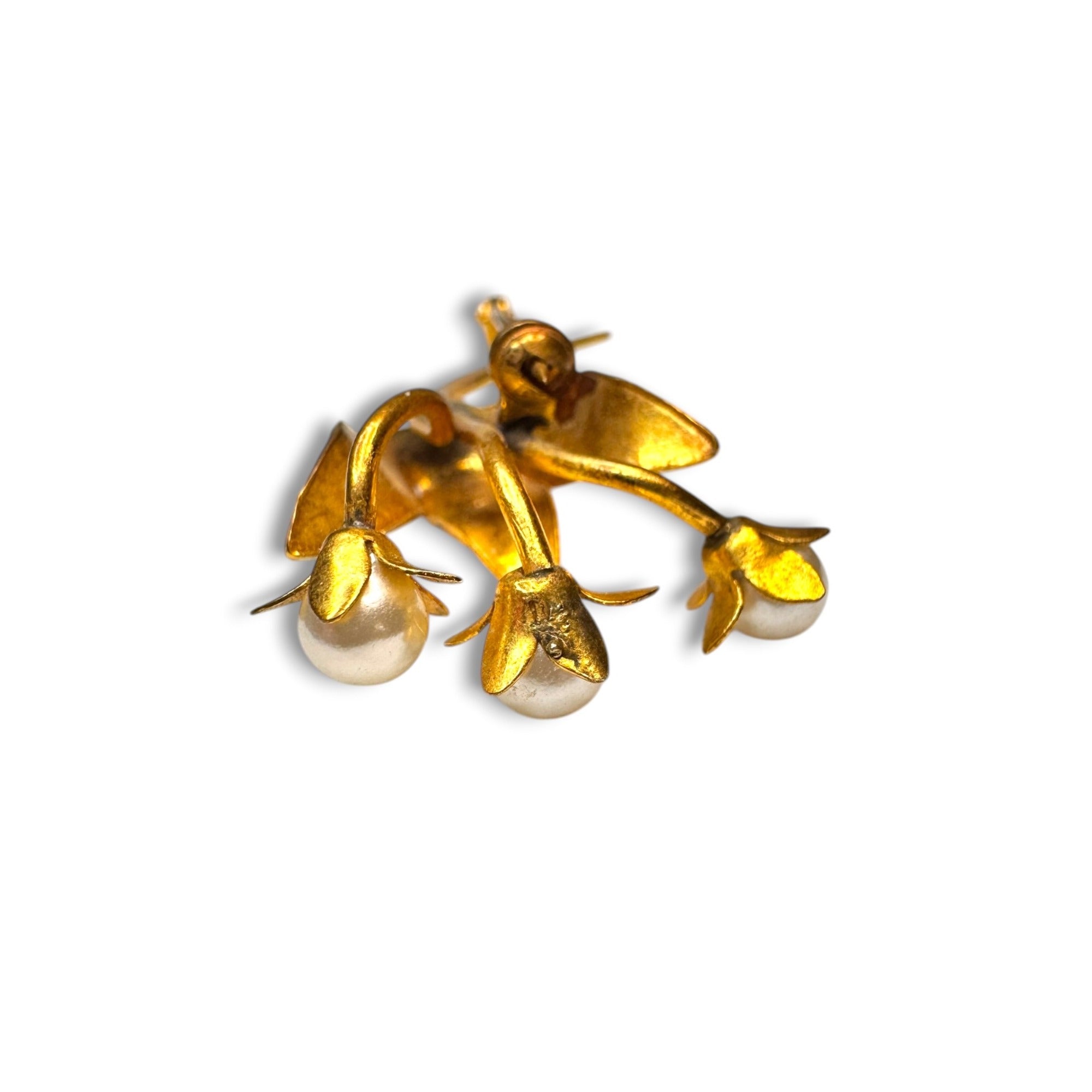 Spain Damascene Flower Pearl Brooch Mid Century 1950s Vintage