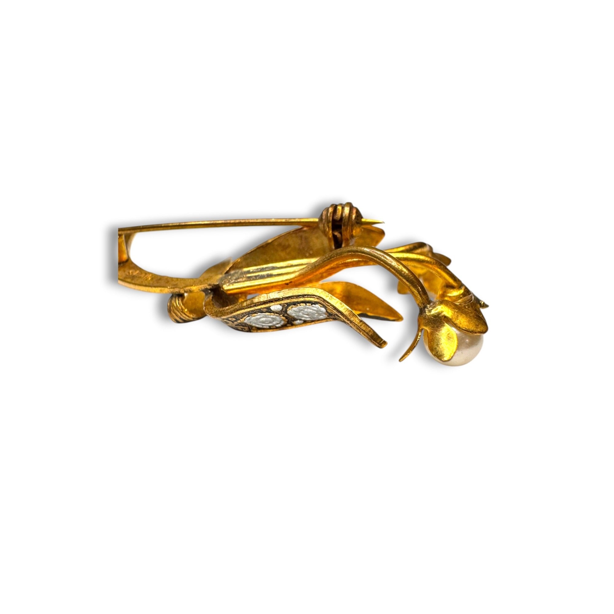 Spain Damascene Flower Pearl Brooch Mid Century 1950s Vintage