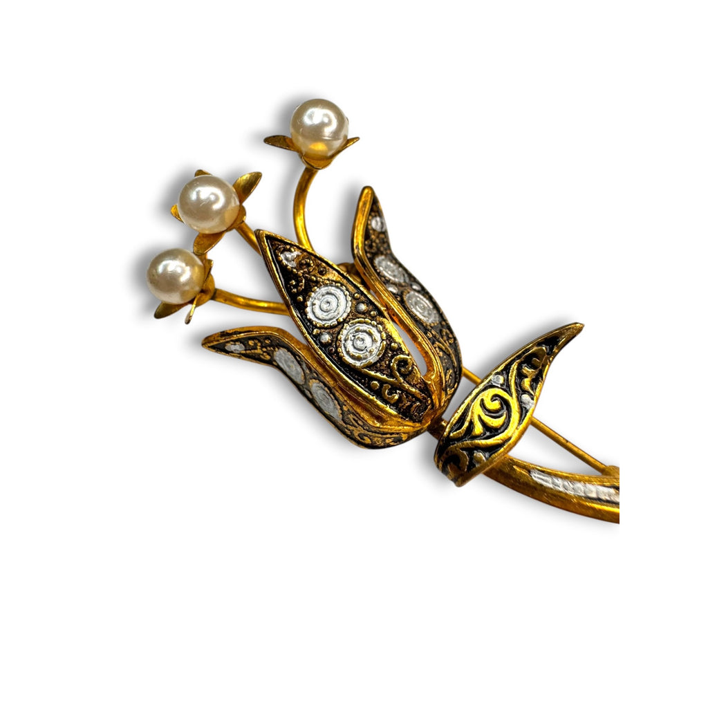 Spain Damascene Flower Pearl Brooch Mid Century 1950s Vintage