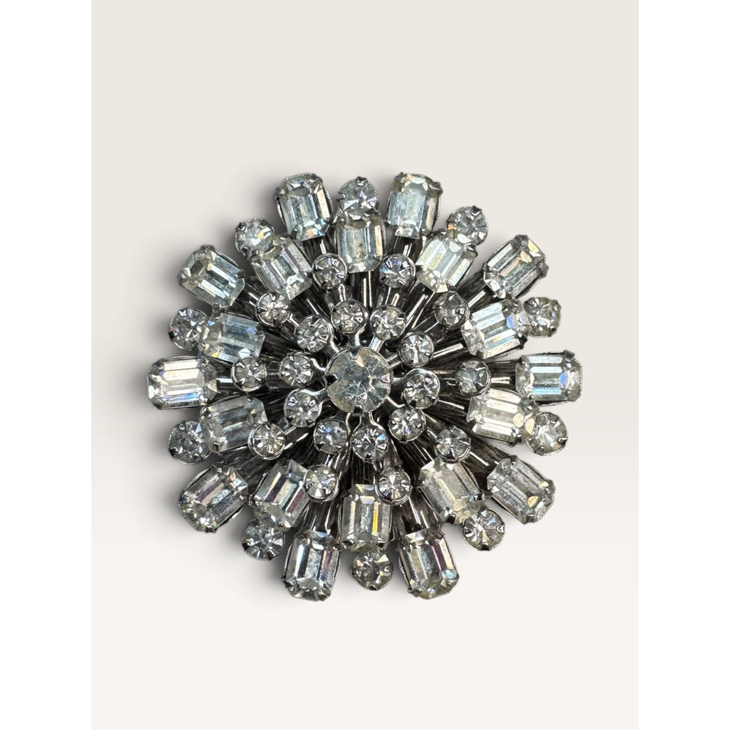 1950s Mid Century Silver Tone Clear Rhinestone Starburst Brooch 1.86" Vintage