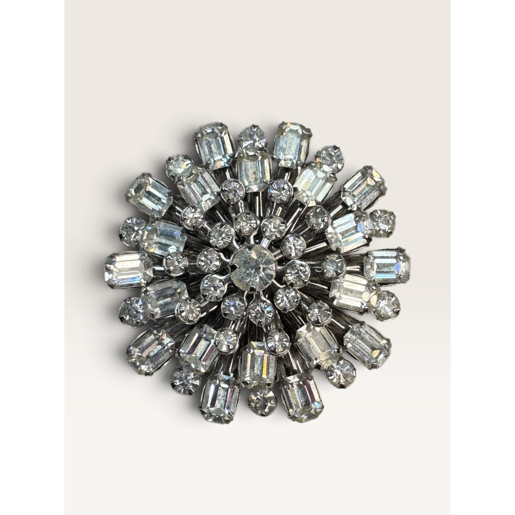 1950s Mid Century Silver Tone Clear Rhinestone Starburst Brooch 1.86" Vintage
