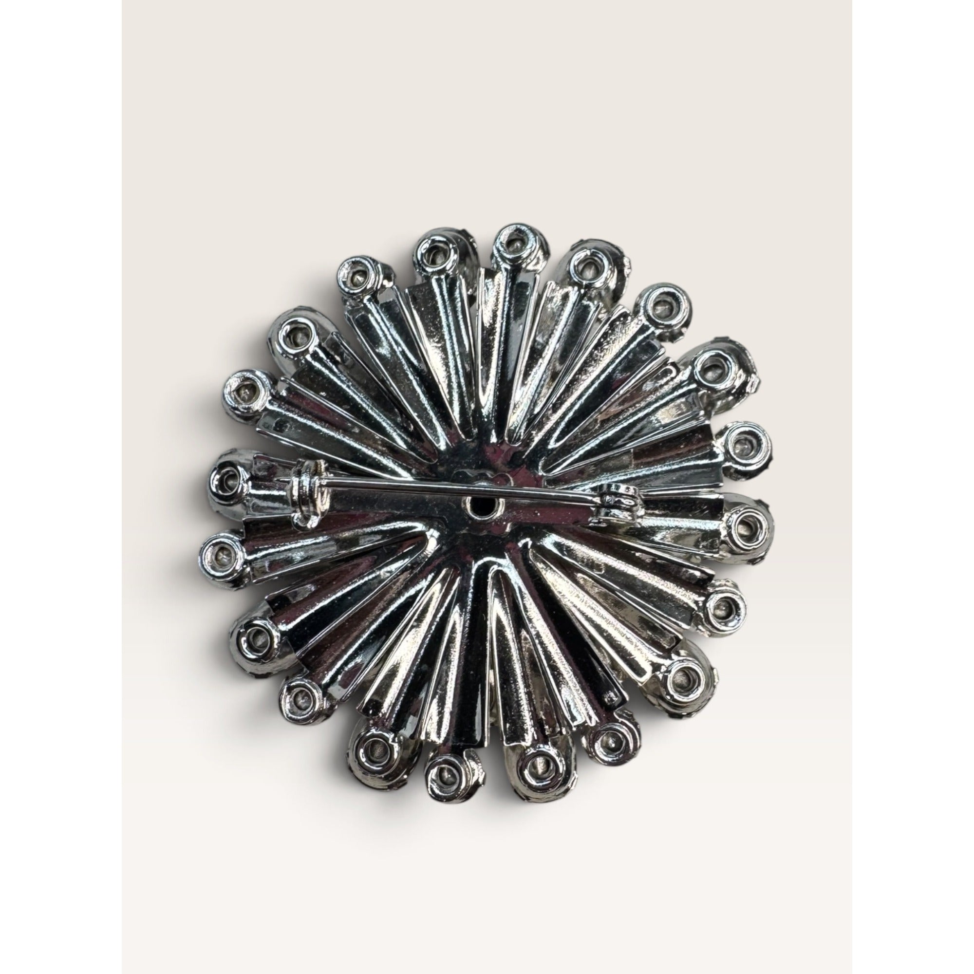 1950s Mid Century Silver Tone Clear Rhinestone Starburst Brooch 1.86" Vintage
