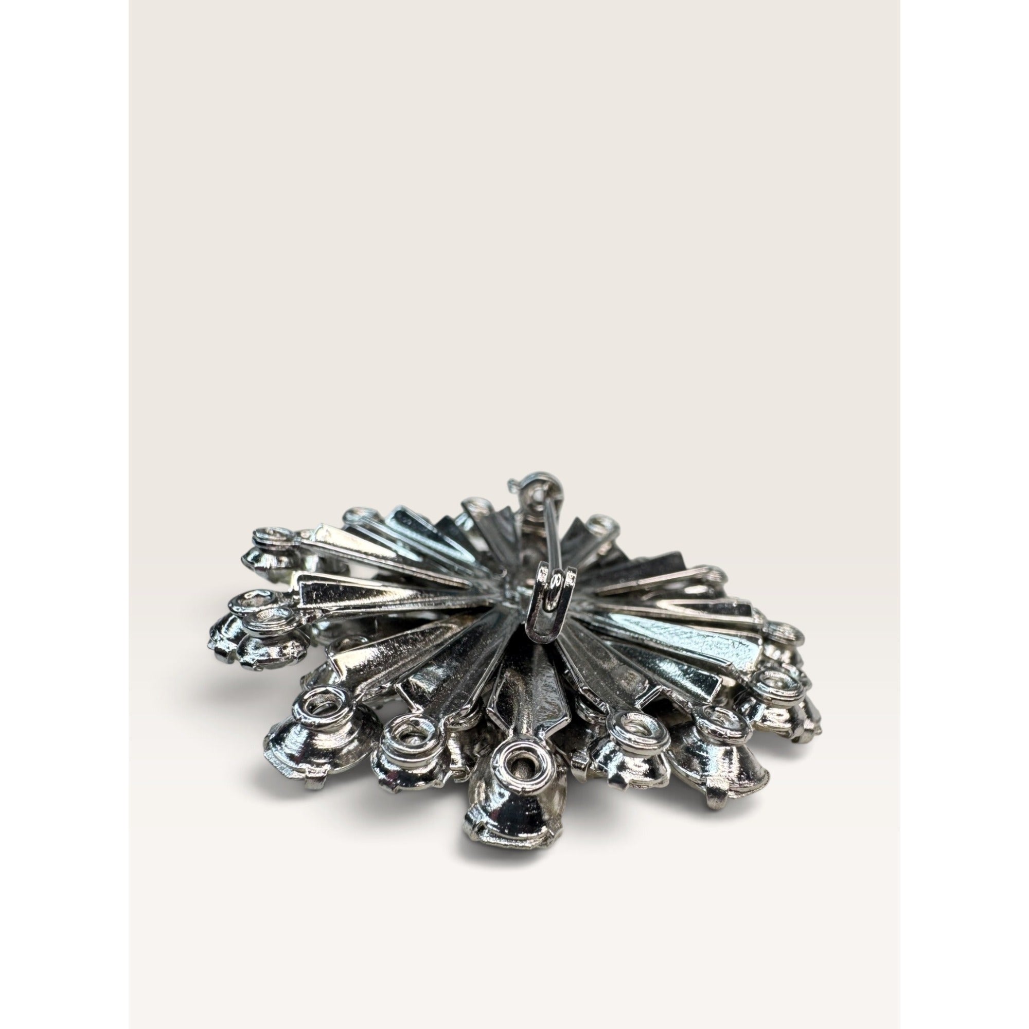 1950s Mid Century Silver Tone Clear Rhinestone Starburst Brooch 1.86" Vintage