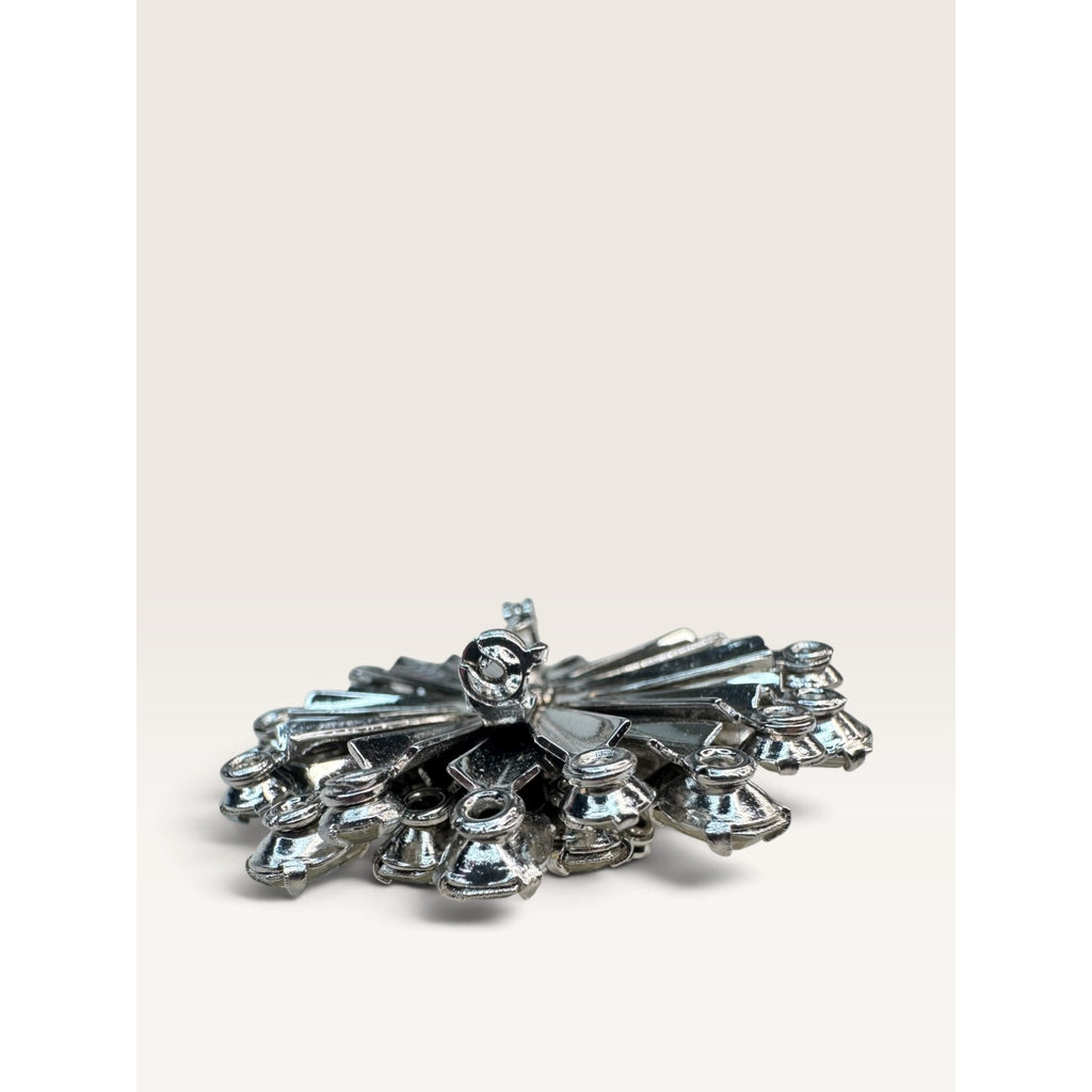1950s Mid Century Silver Tone Clear Rhinestone Starburst Brooch 1.86" Vintage