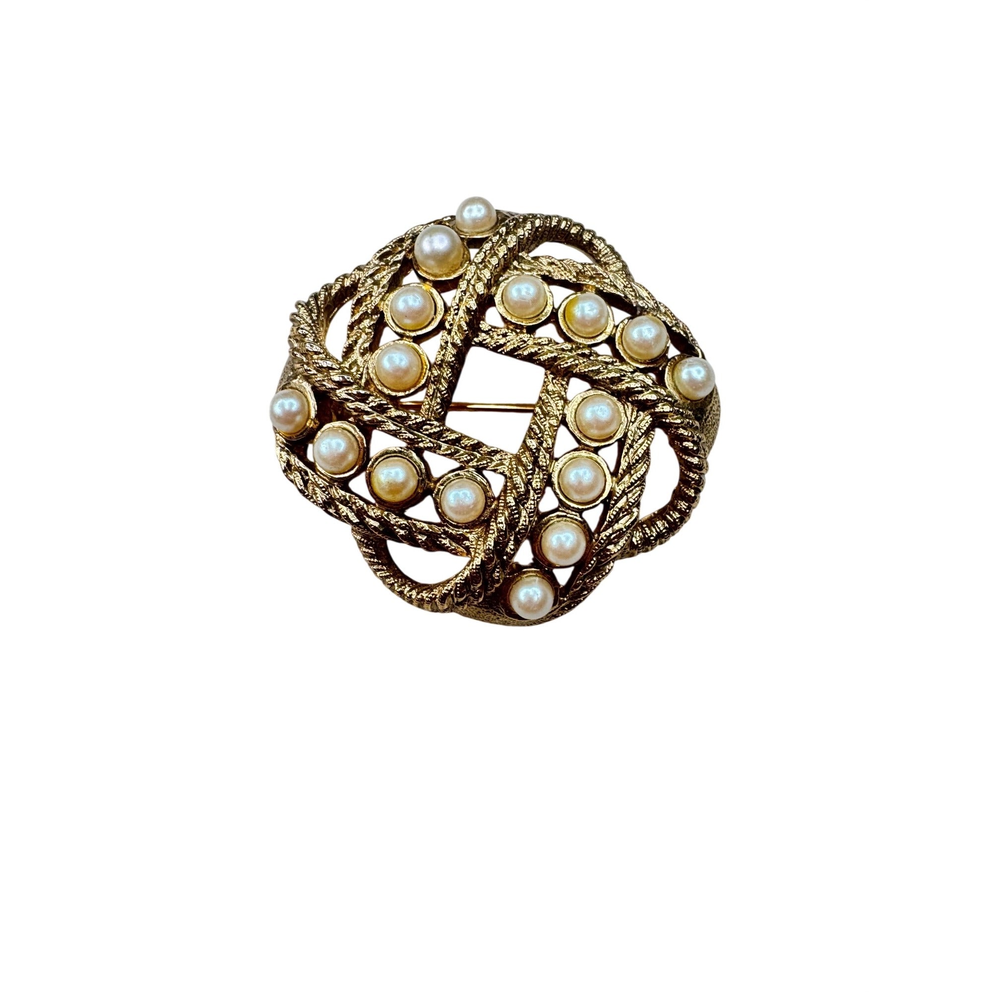 1928 Brooch Gold Tone Faux Pearl Openwork Floral Filigree 1990s Vintage
