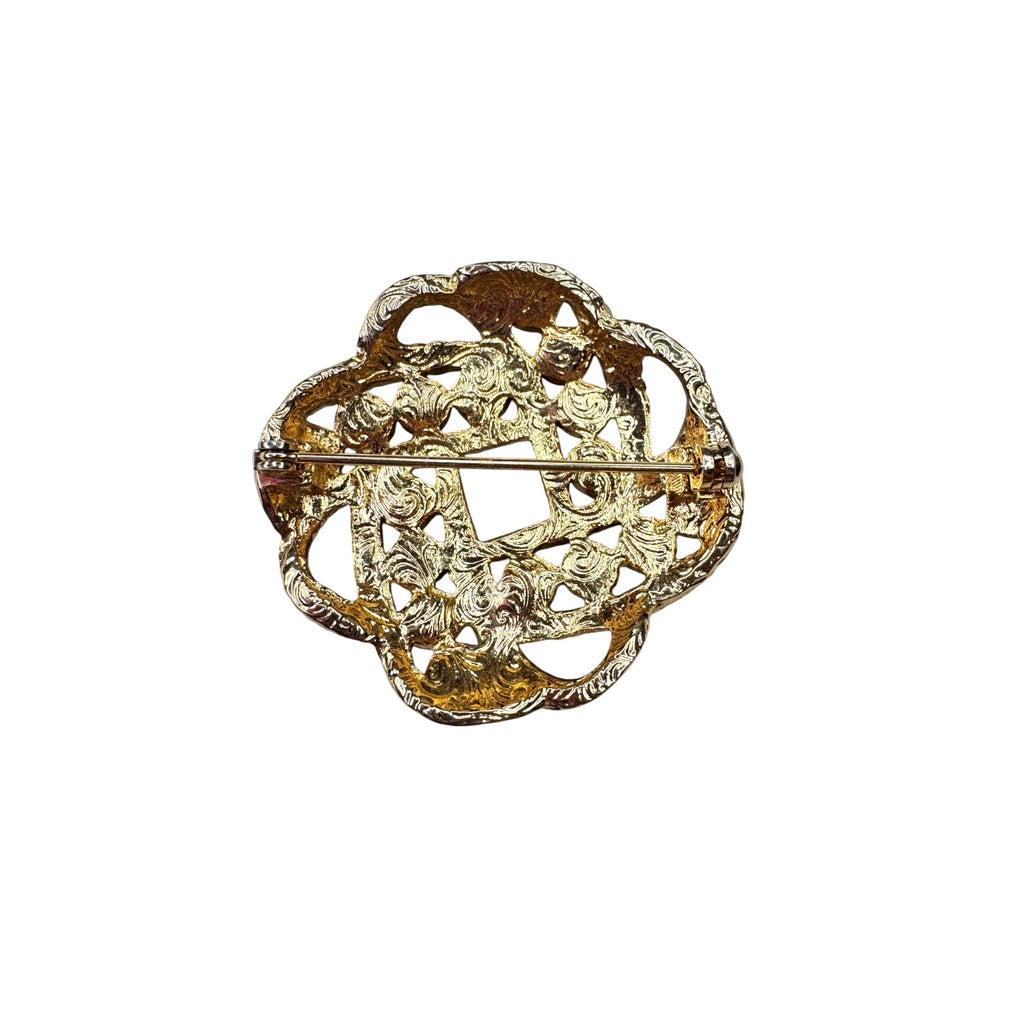 1928 Brooch Gold Tone Faux Pearl Openwork Floral Filigree 1990s Vintage