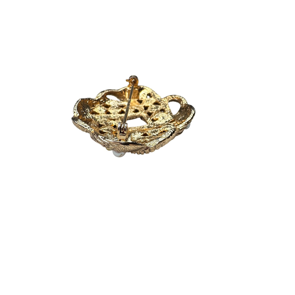 1928 Brooch Gold Tone Faux Pearl Openwork Floral Filigree 1990s Vintage