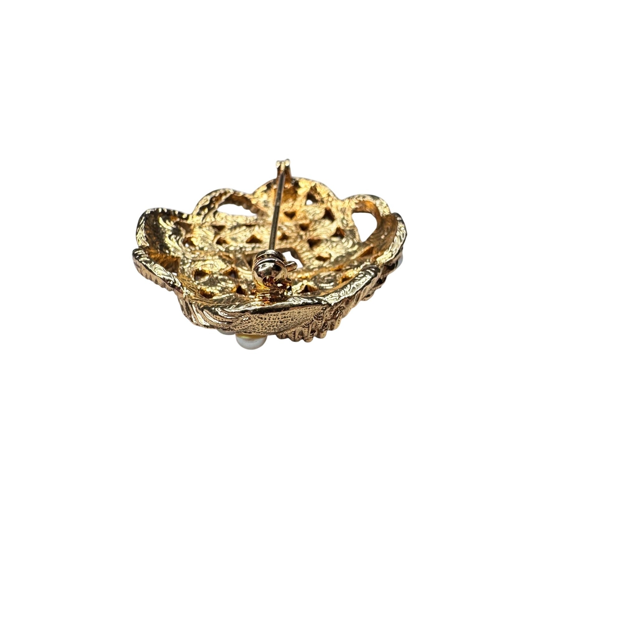 1928 Brooch Gold Tone Faux Pearl Openwork Floral Filigree 1990s Vintage