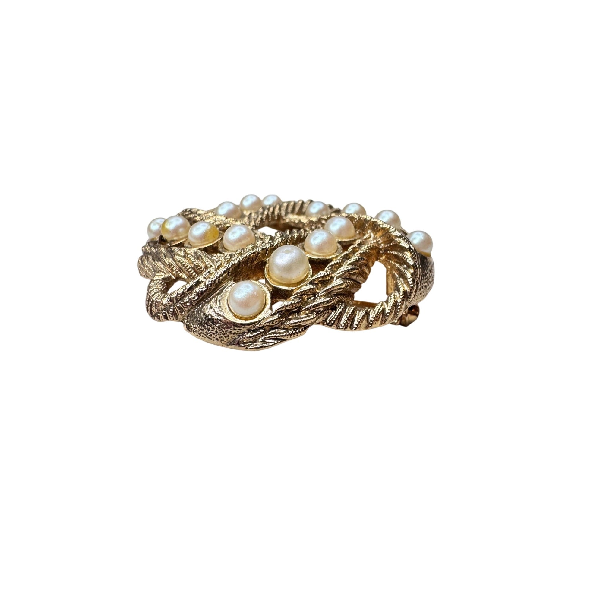 1928 Brooch Gold Tone Faux Pearl Openwork Floral Filigree 1990s Vintage