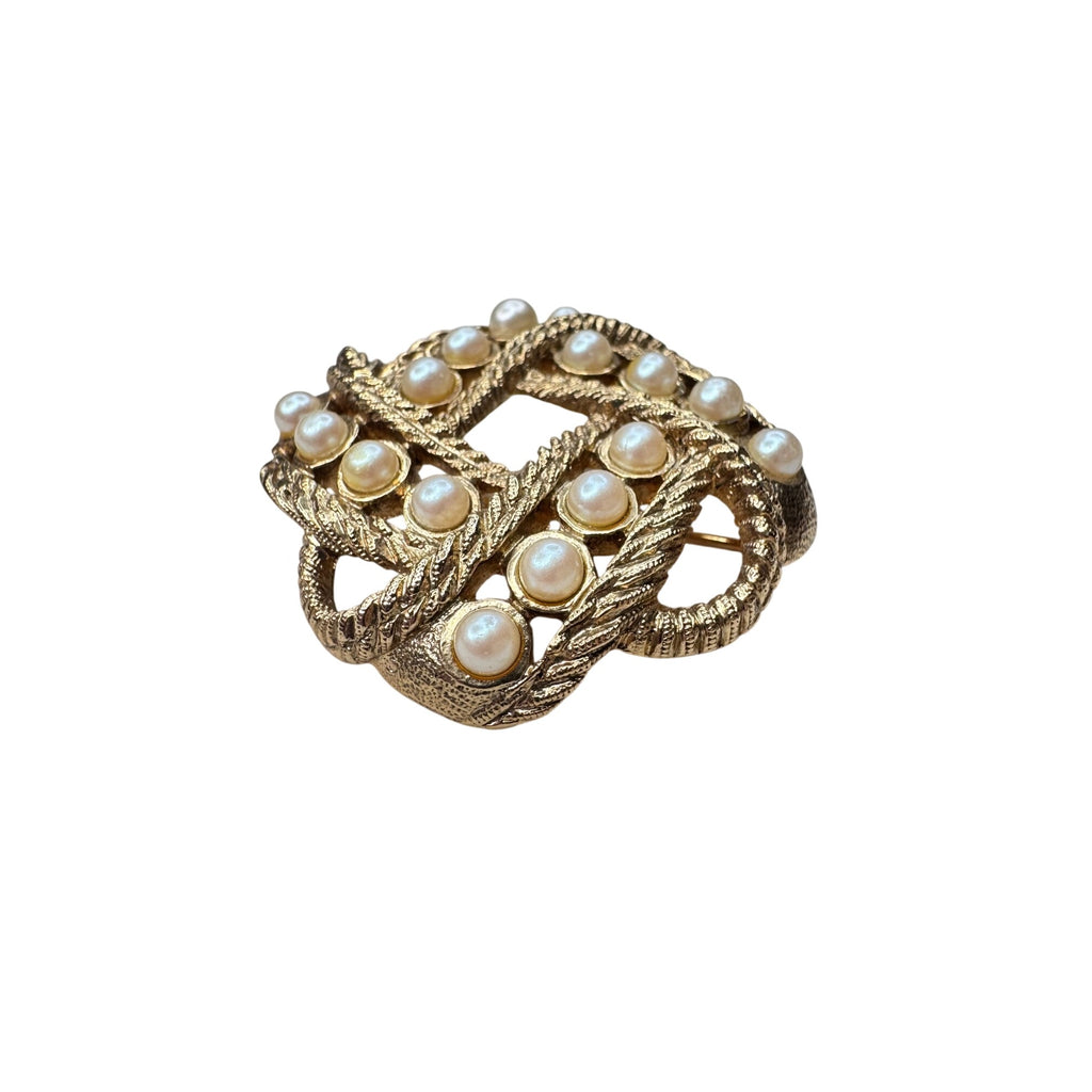 1928 Brooch Gold Tone Faux Pearl Openwork Floral Filigree 1990s Vintage