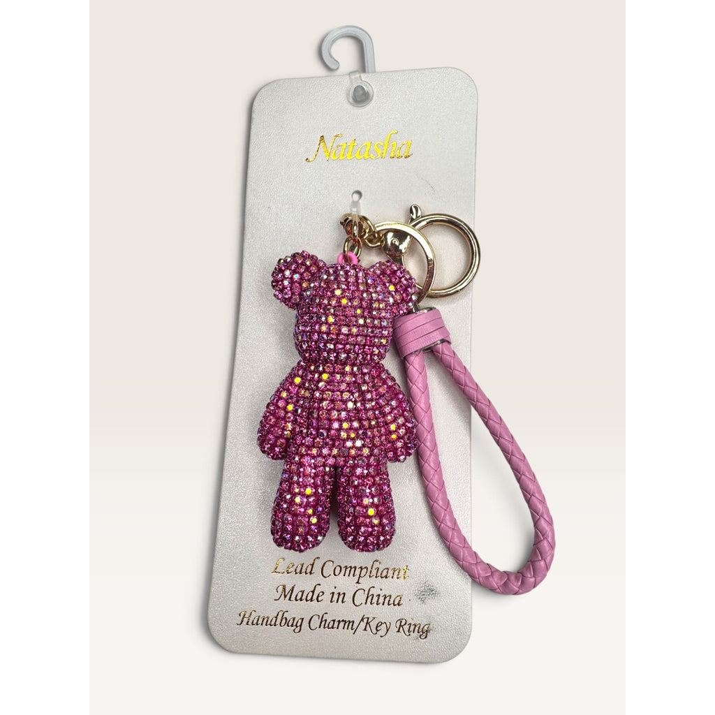 Natasha Rhinestone Teddy Bear Bag Charm Keychain New With Tags Pink Gold