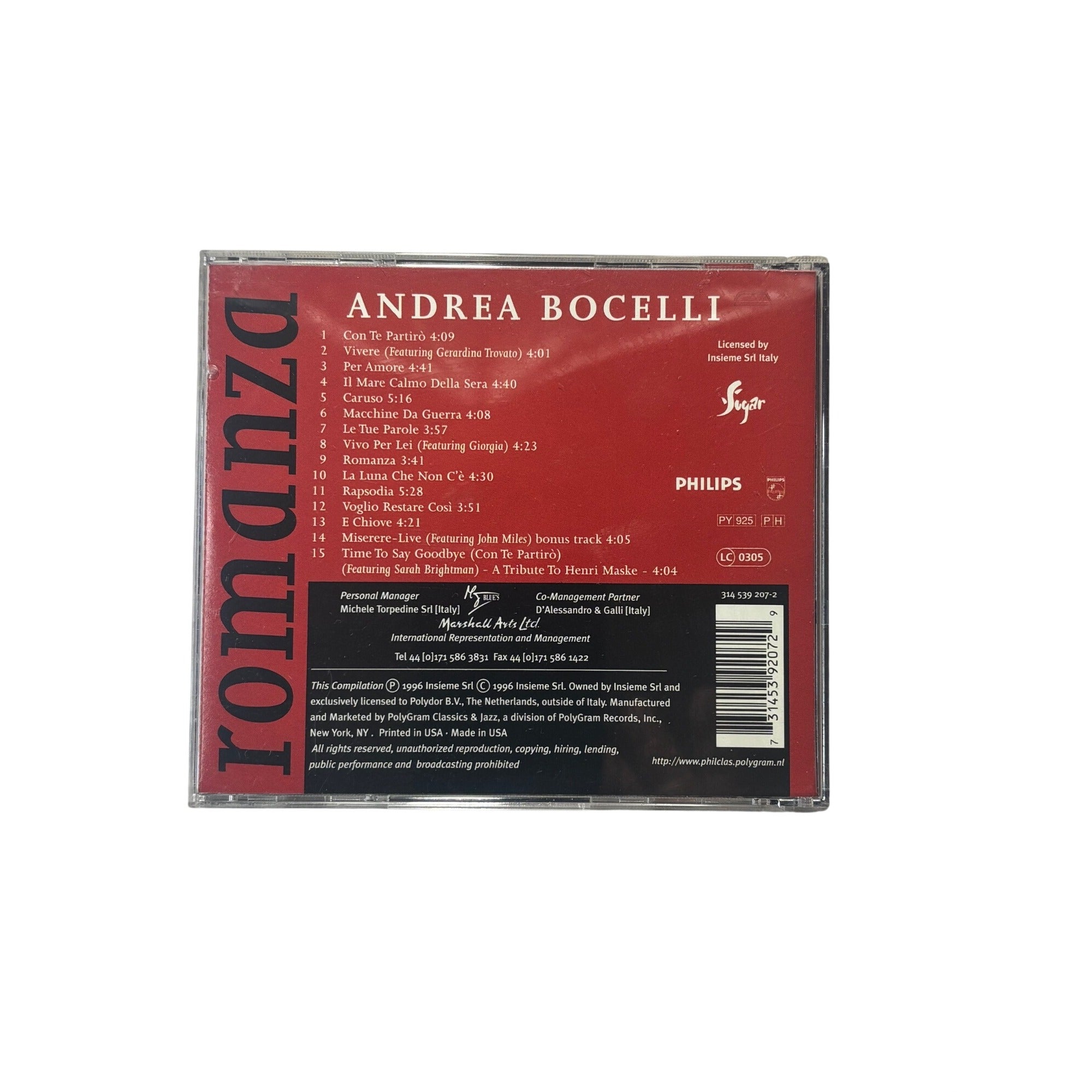 Andrea Bocelli Romanza CD Album 1996 Philips Sugar Tracks Bonus USA Made