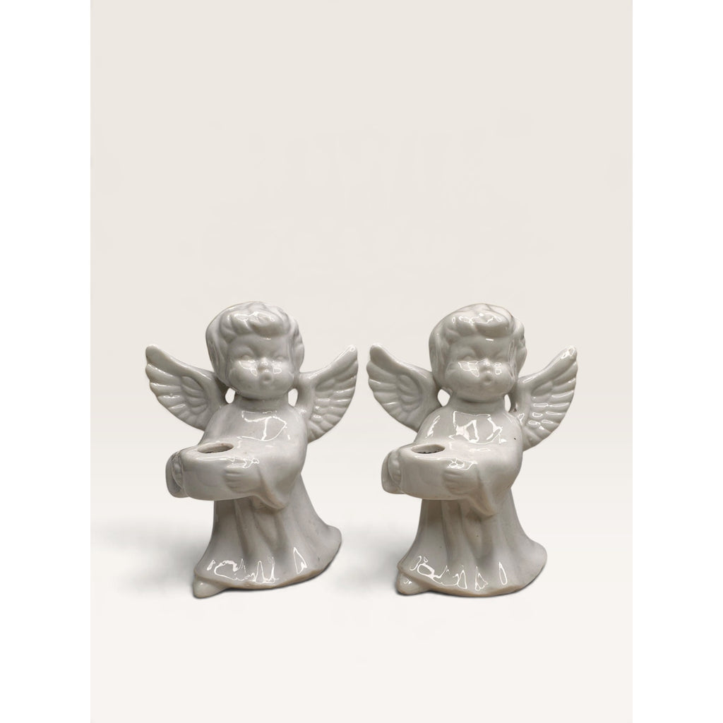 Angel Taper Candle Holders Ceramic White Set of 2 Vintage 1970s Unbranded