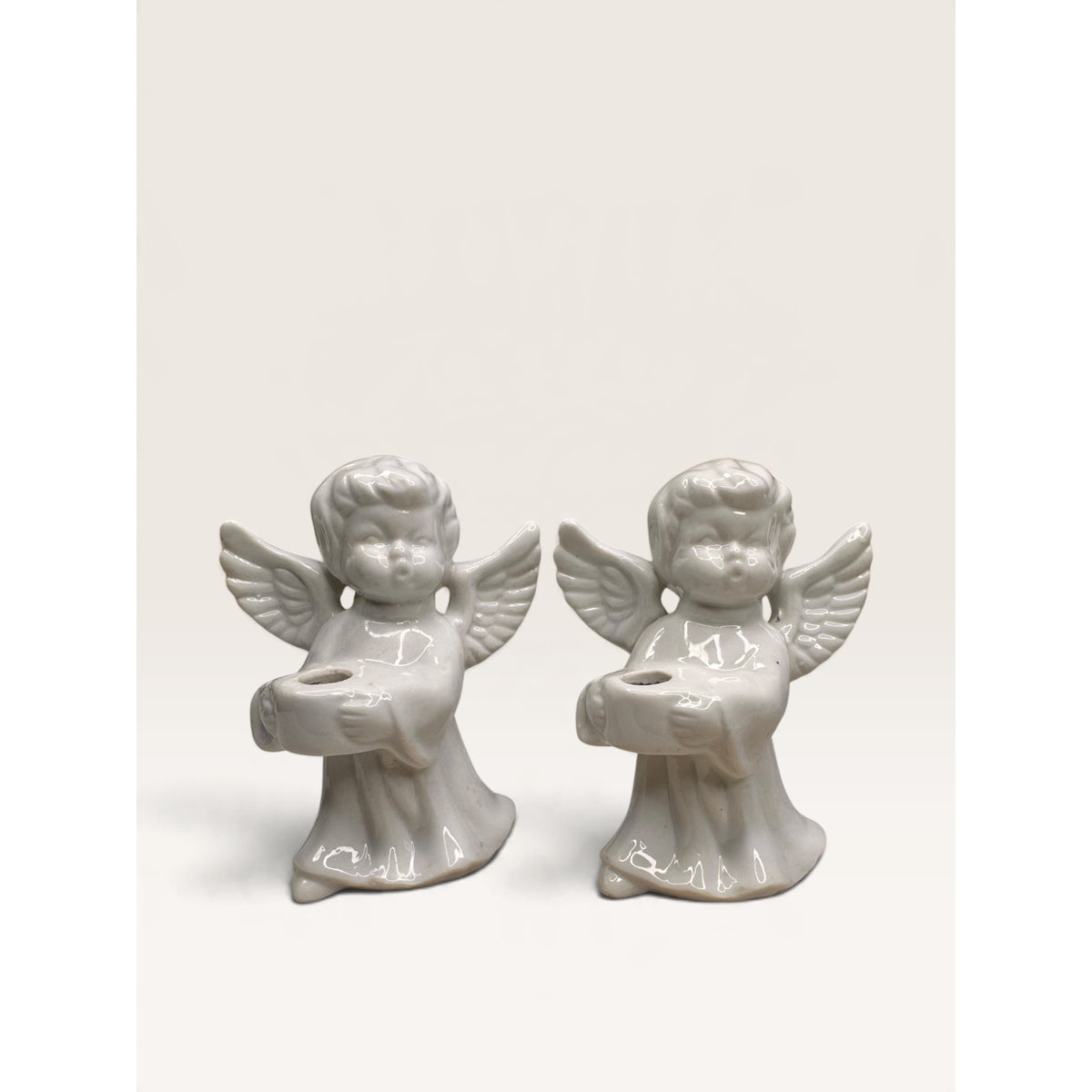 Angel Taper Candle Holders Ceramic White Set of 2 Vintage 1970s Unbranded