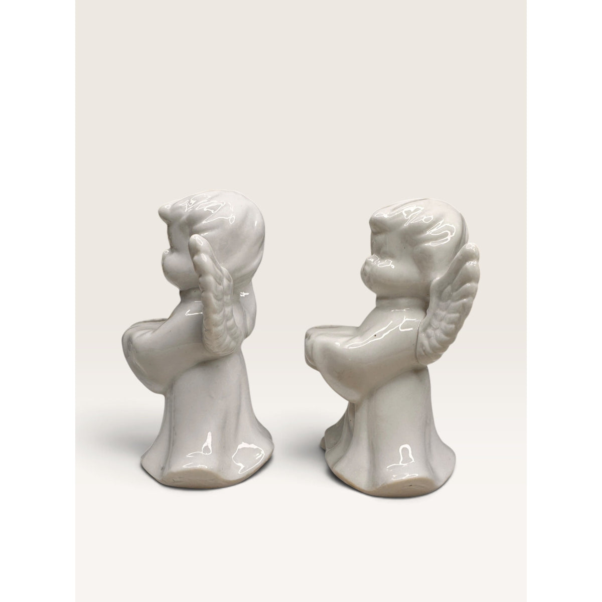 Angel Taper Candle Holders Ceramic White Set of 2 Vintage 1970s Unbranded