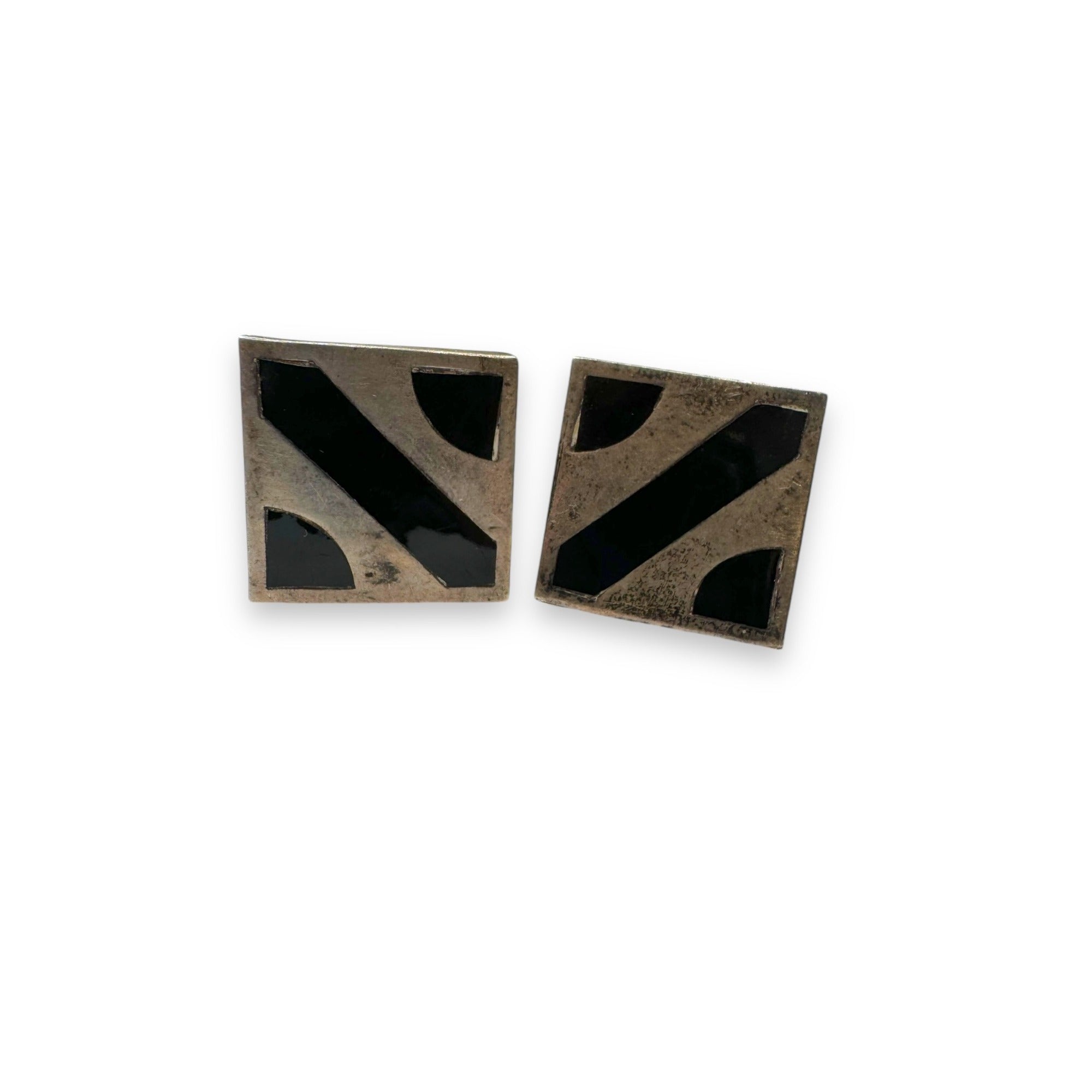 Vintage Mexican Sterling Silver Onyx Inlay Square Cufflinks Alpaca Toggle