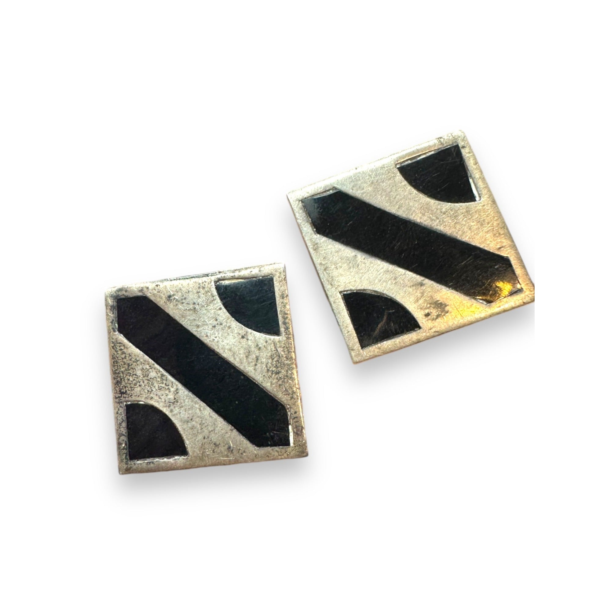 Vintage Mexican Sterling Silver Onyx Inlay Square Cufflinks Alpaca Toggle