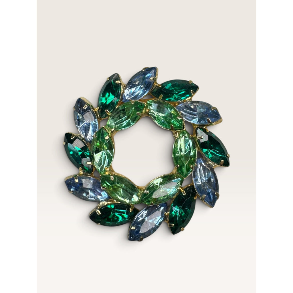 1950s Green Blue Navette Rhinestone Wreath Open Circlet Brooch Pin 2.01" Vintage