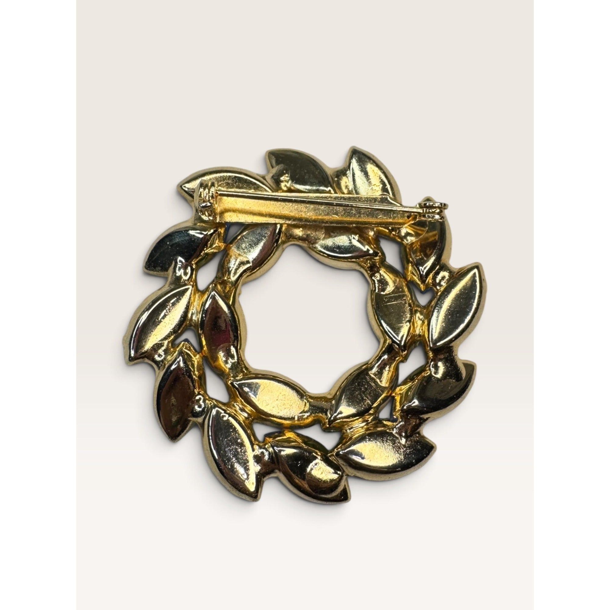 1950s Green Blue Navette Rhinestone Wreath Open Circlet Brooch Pin 2.01" Vintage