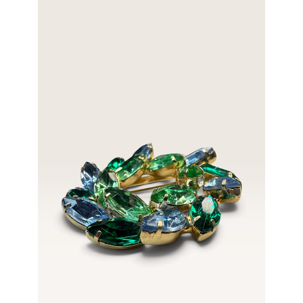 1950s Green Blue Navette Rhinestone Wreath Open Circlet Brooch Pin 2.01" Vintage
