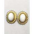 Polcini Clip On Earrings Gold Tone White Cabochon Sunflower Enamel Vintage
