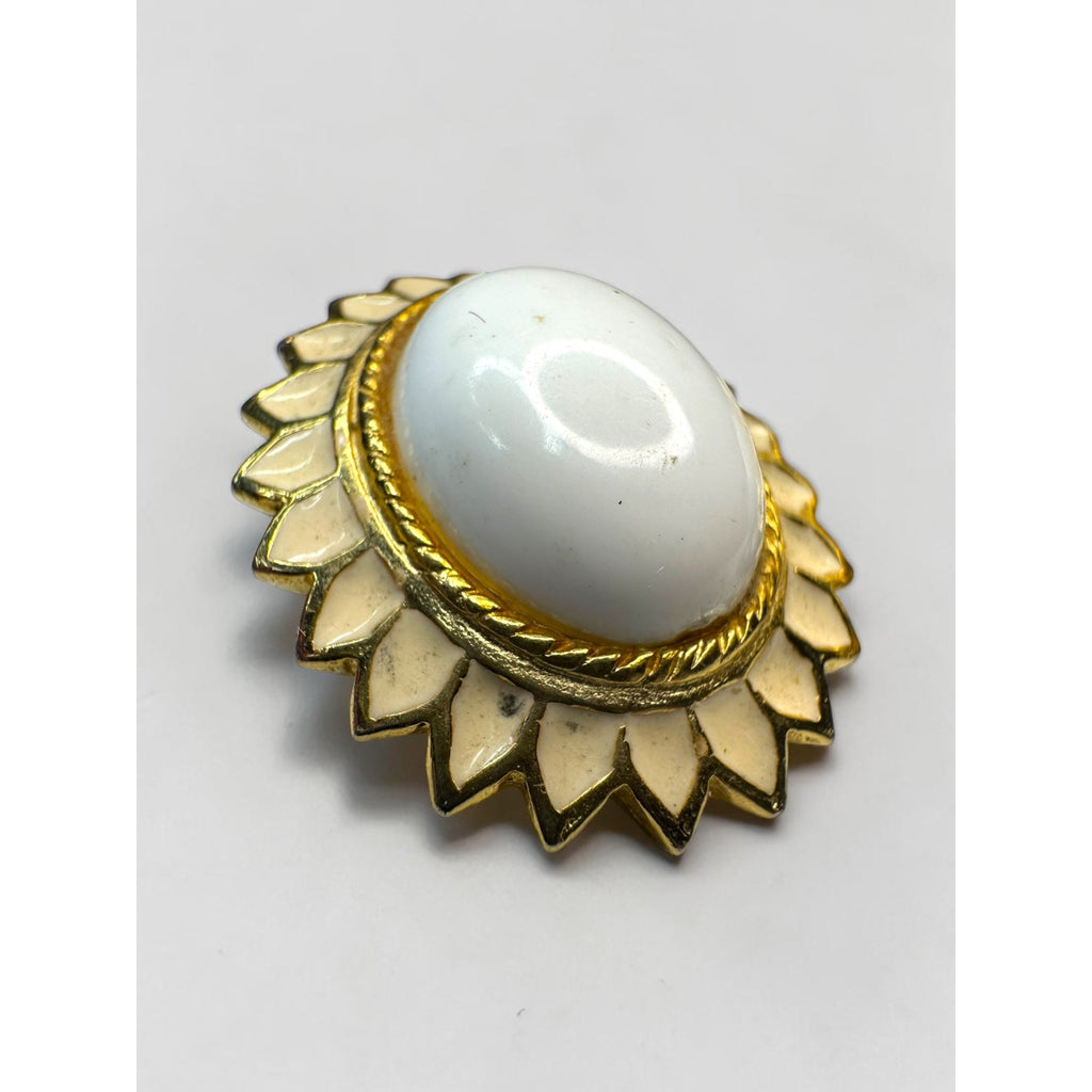 Polcini Clip On Earrings Gold Tone White Cabochon Sunflower Enamel Vintage