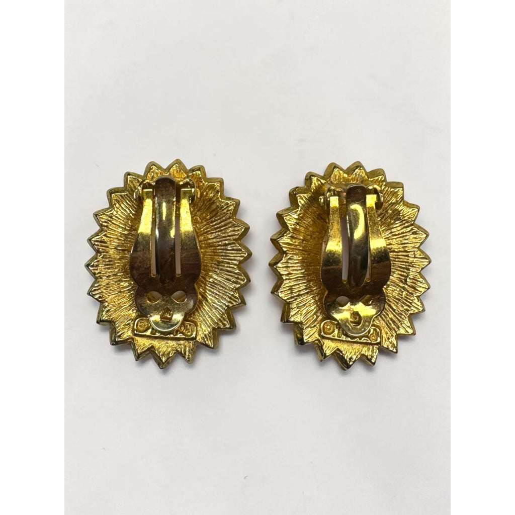 Polcini Clip On Earrings Gold Tone White Cabochon Sunflower Enamel Vintage
