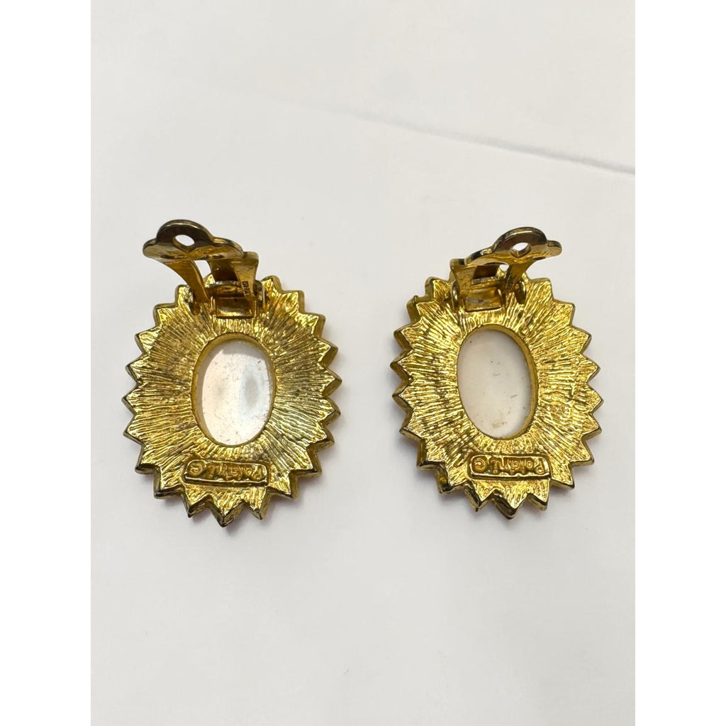 Polcini Clip On Earrings Gold Tone White Cabochon Sunflower Enamel Vintage