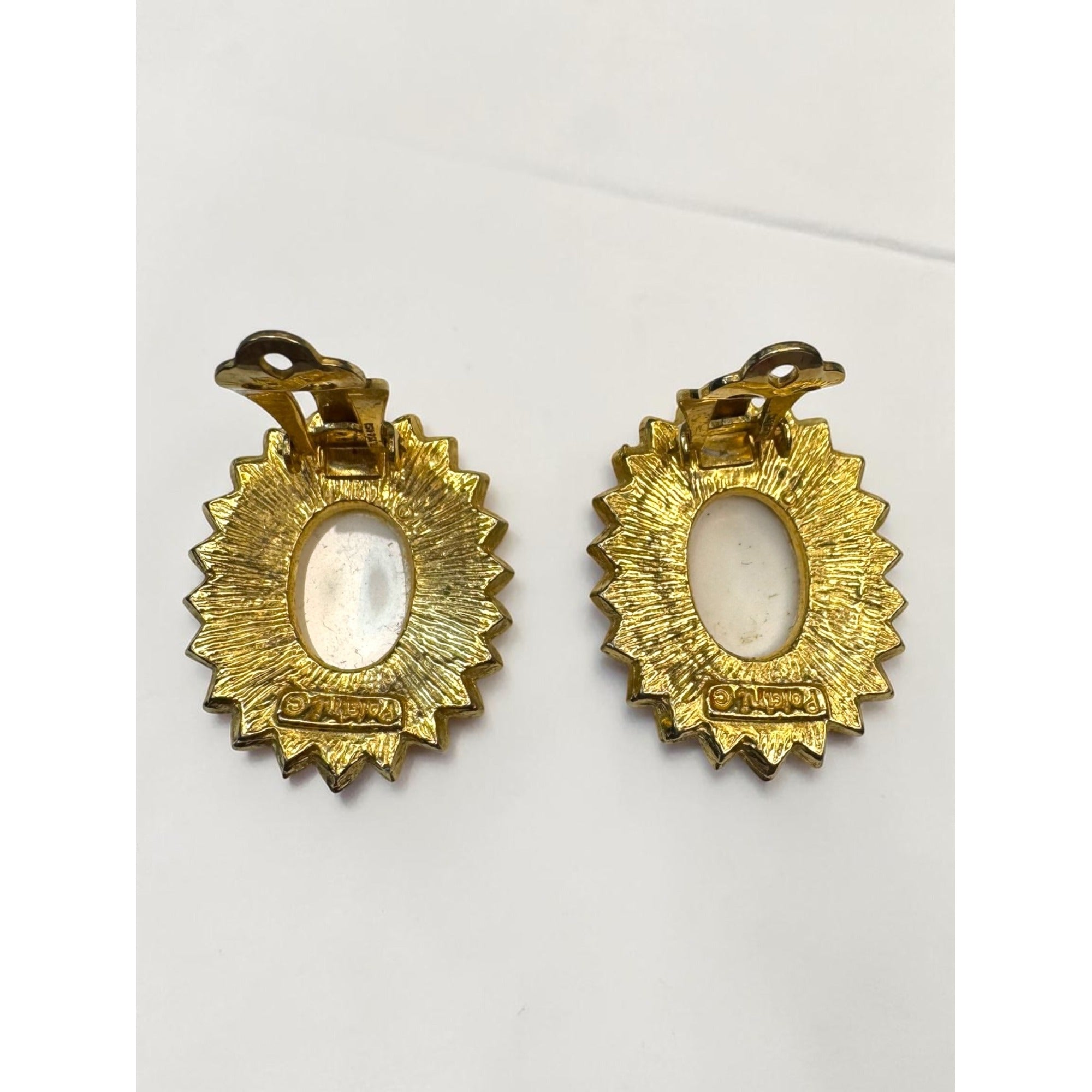 Polcini Clip On Earrings Gold Tone White Cabochon Sunflower Enamel Vintage